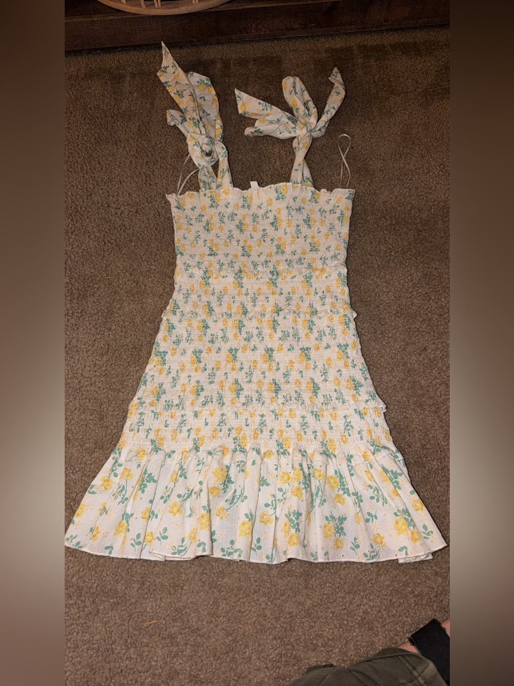 Floral Smocked Mini Dress with Tie Straps - White / Yellow / Green